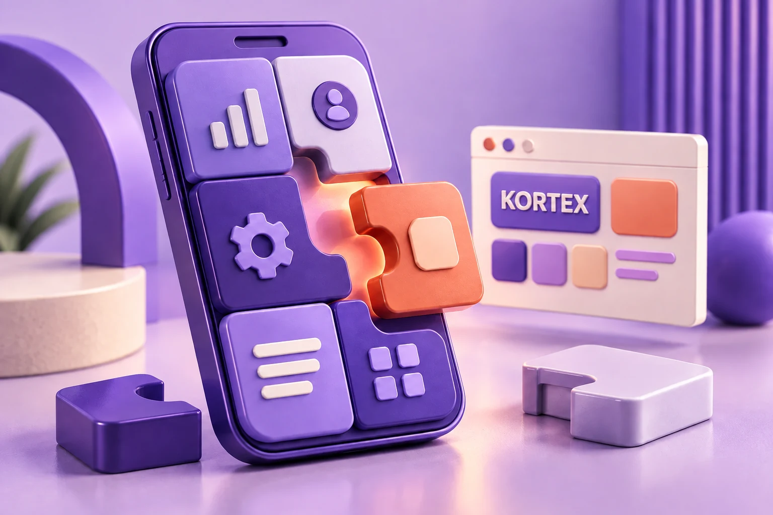 KORTEX integrado ao quadro roxo do dashboard, ao fundo de um aplicativo modular personalizado